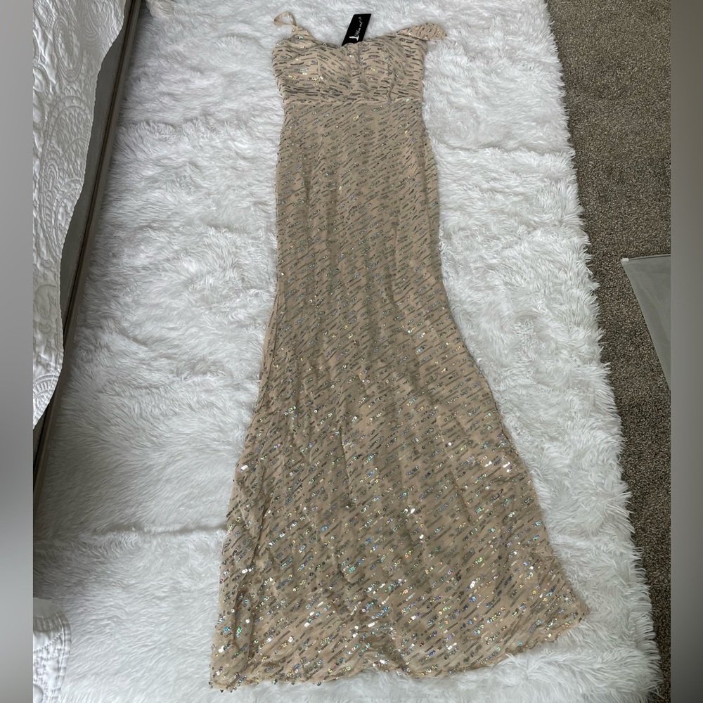 Off the shoulder sequin slip golden evening dress - Picture 9 of 10